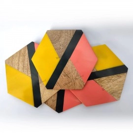 Hexagon Resin Style Tea and coffee Coaster with Wooden Texture Design Set of 4 