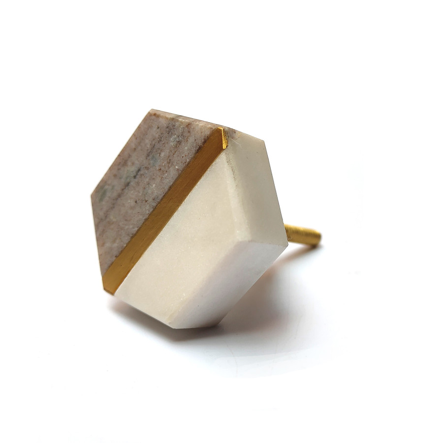 Two-Tone Marble & Brass Hexagon Knob – Elegant Cabinet & Drawer Pull