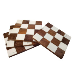 Wooden & Resin Coaster Set of 4 – Brown & White Checkered